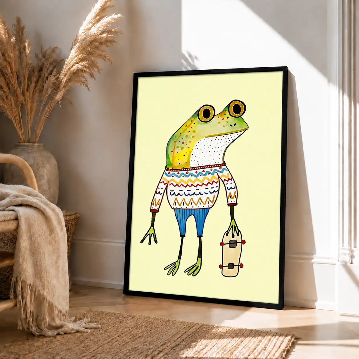 Cool Frog in Patterned Sweater with Skateboard Wall Art 4