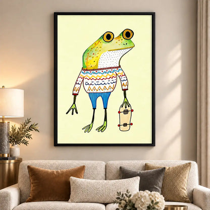 Cool Frog in Patterned Sweater with Skateboard Wall Art 6