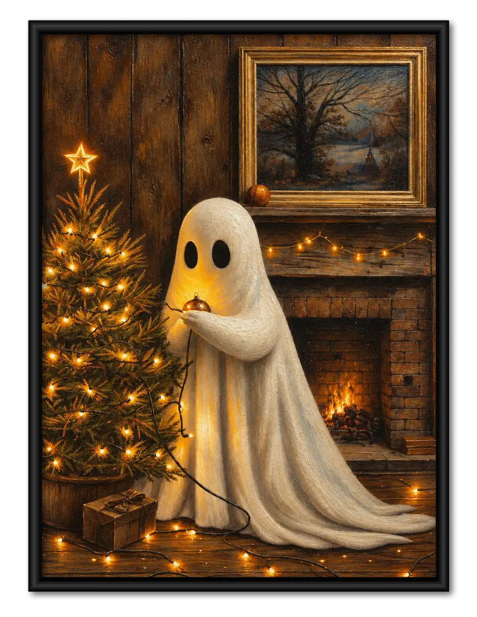 Cozy Christmas Ghost Beside the Tree Wall Art 1