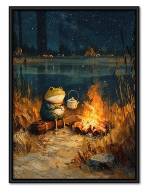 Cozy Frog Drinking Tea by Campfire Wall Art