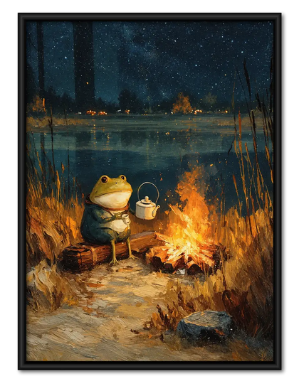 Cozy Frog Drinking Tea by Campfire Wall Art