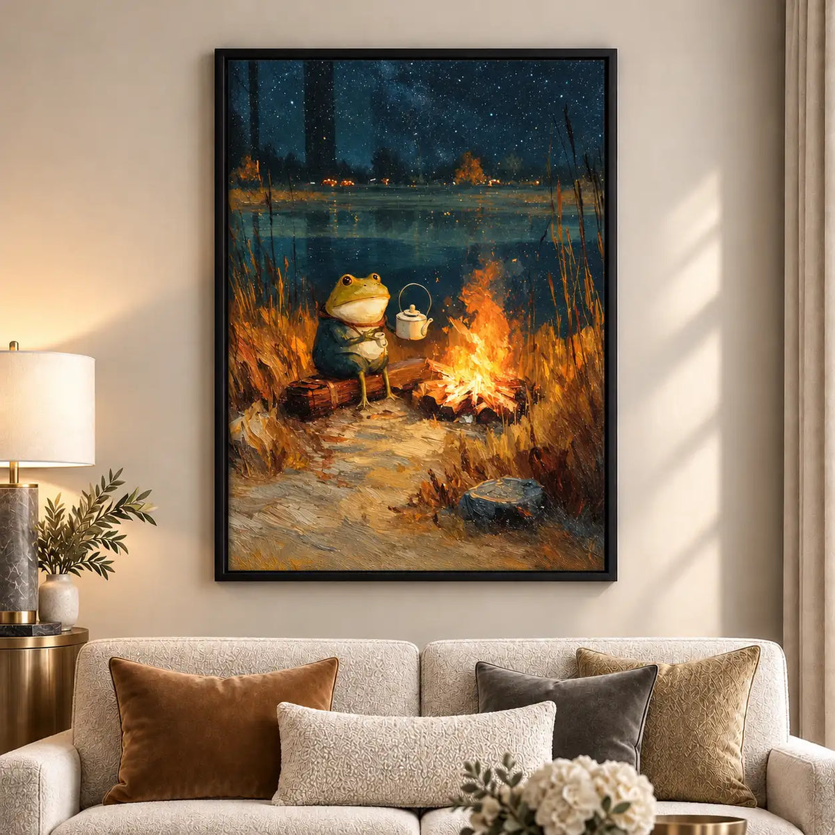 Cozy Frog Drinking Tea by Campfire Wall Art 6
