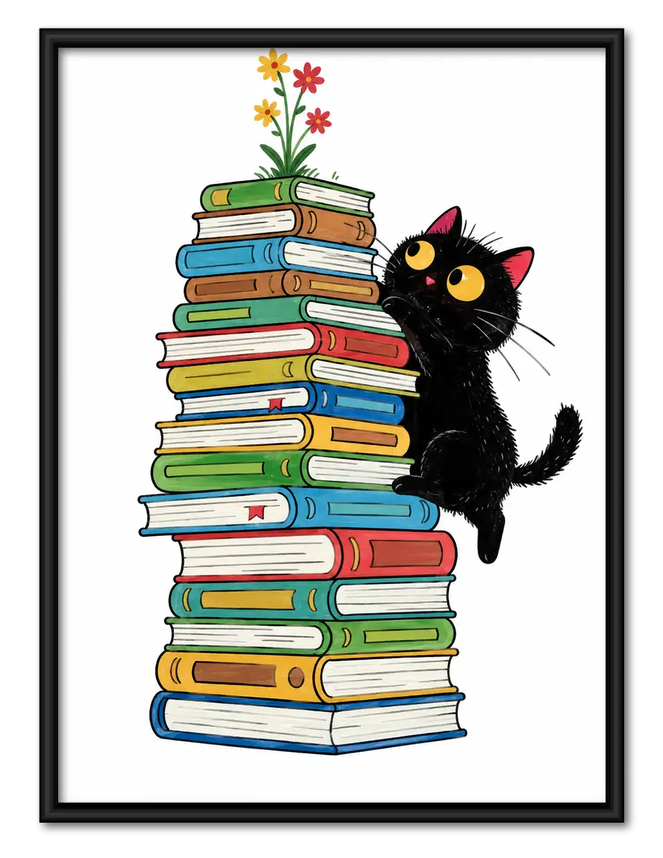 Curious Black Cat Climbing a Book Stack Wall Art 1