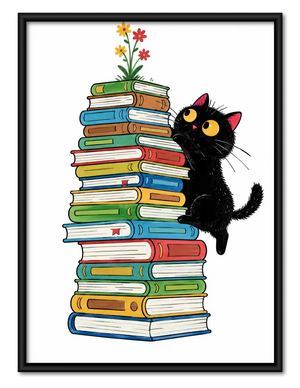 Curious Black Cat Climbing a Book Stack Wall Art