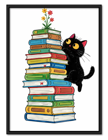 Curious Black Cat Climbing a Book Stack Wall Art
