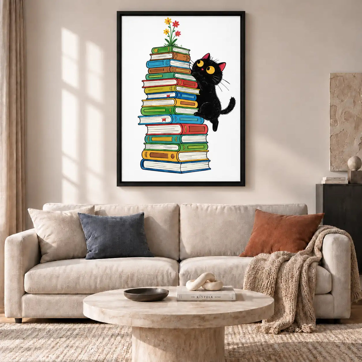 Curious Black Cat Climbing a Book Stack Wall Art 2