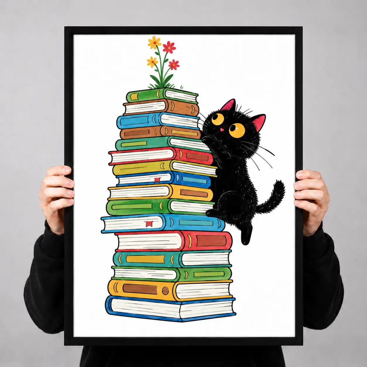 Curious Black Cat Climbing a Book Stack Wall Art 3