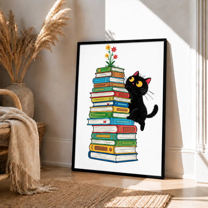 Curious Black Cat Climbing a Book Stack Wall Art 4