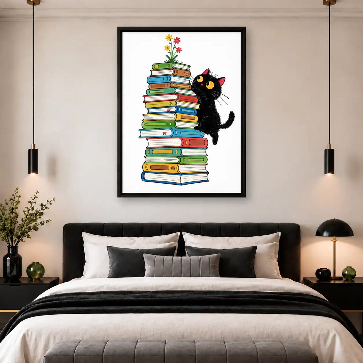 Curious Black Cat Climbing a Book Stack Wall Art 5