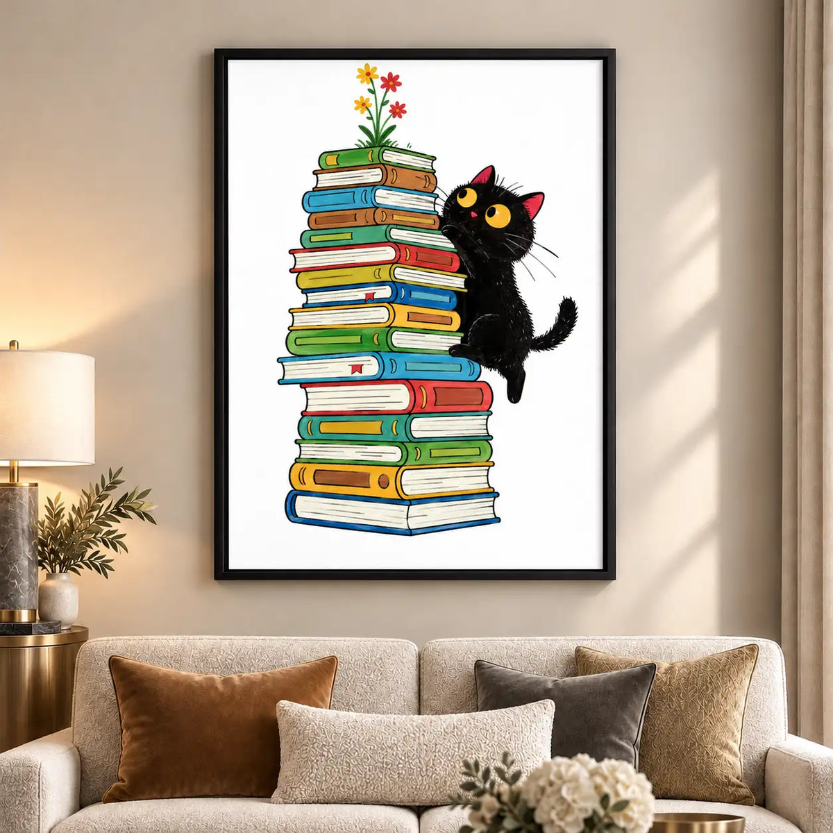Curious Black Cat Climbing a Book Stack Wall Art 6