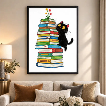 Curious Black Cat Climbing a Book Stack Wall Art 6