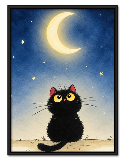 Curious Black Cat Under Crescent Moon Wall Art
