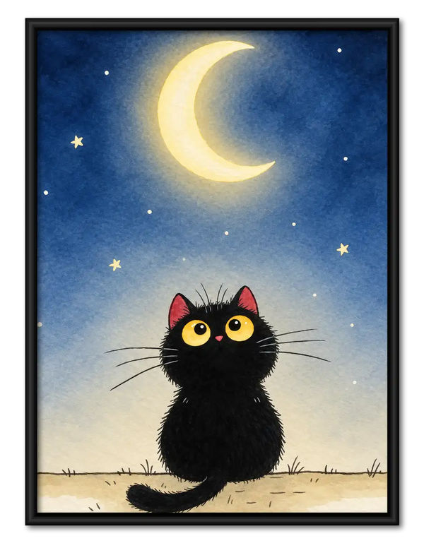 Curious Black Cat Under Crescent Moon Wall Art