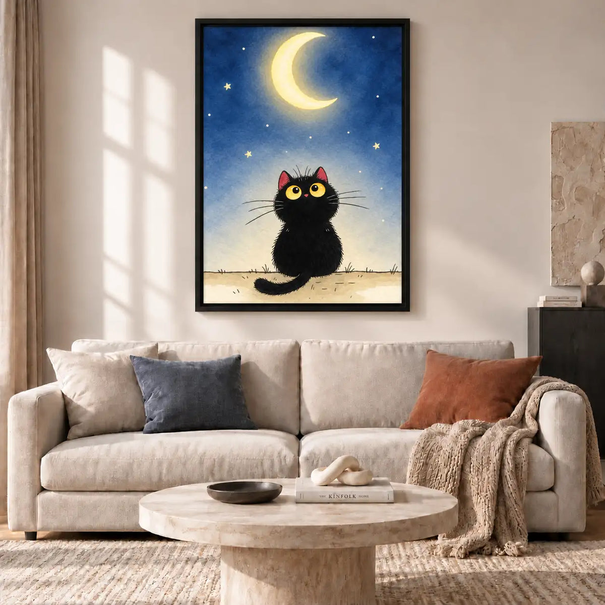 Curious Black Cat Under Crescent Moon Wall Art 2