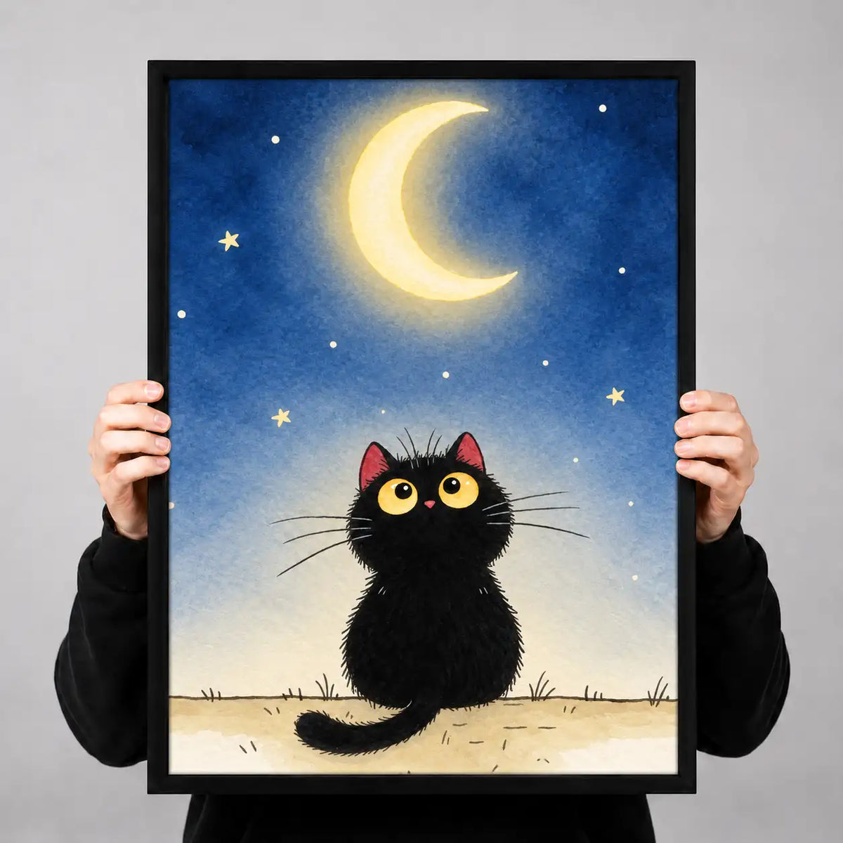 Curious Black Cat Under Crescent Moon Wall Art 3