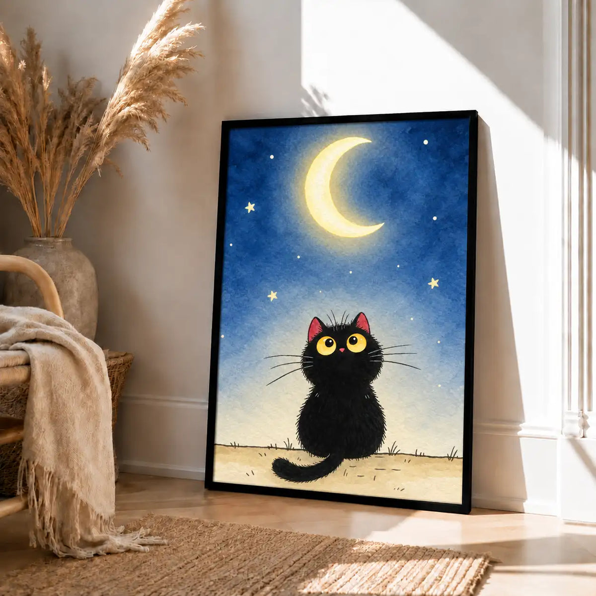 Curious Black Cat Under Crescent Moon Wall Art 4