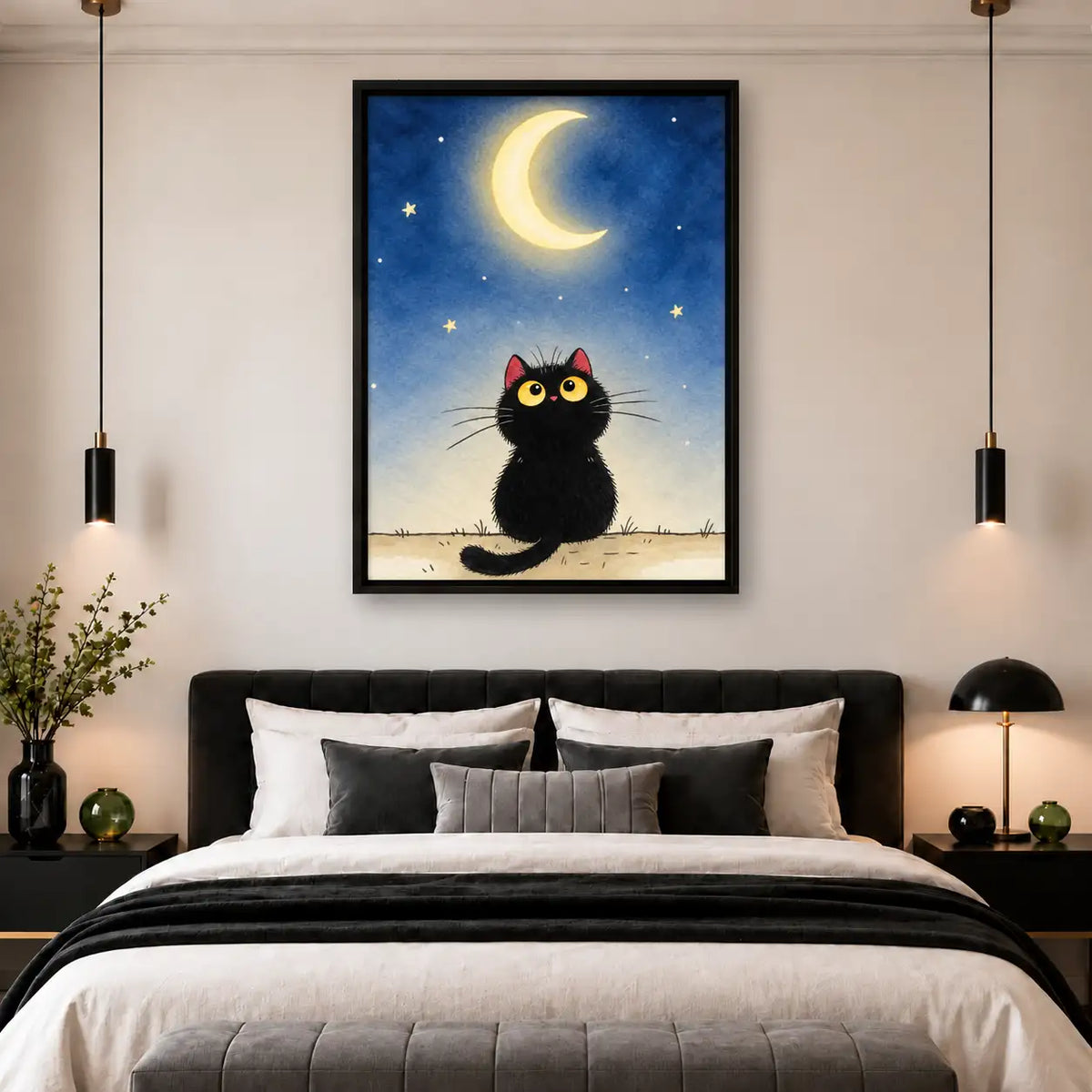 Curious Black Cat Under Crescent Moon Wall Art 5