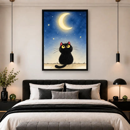 Curious Black Cat Under Crescent Moon Wall Art 5