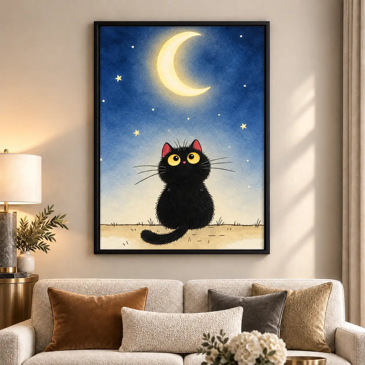 Curious Black Cat Under Crescent Moon Wall Art 6