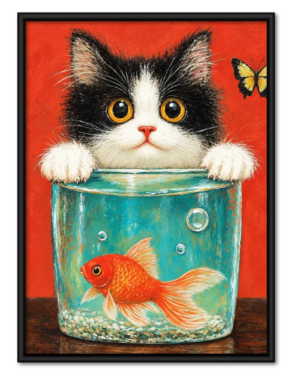 Curious Kitten Peeking into Goldfish Bowl Wall Art 1