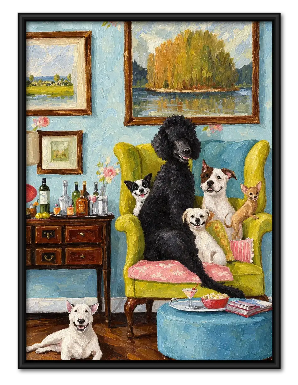 Elegant Dogs Relaxing in a Classic Living Room Wall Art 1