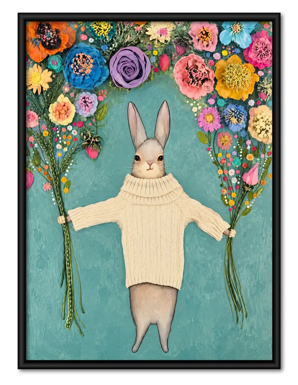 Elegant Rabbit Holding Two Flower Bouquets Wall Art 1