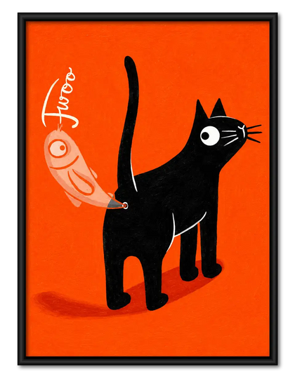 Mischievous Black Cat on Bright Orange Wall Art