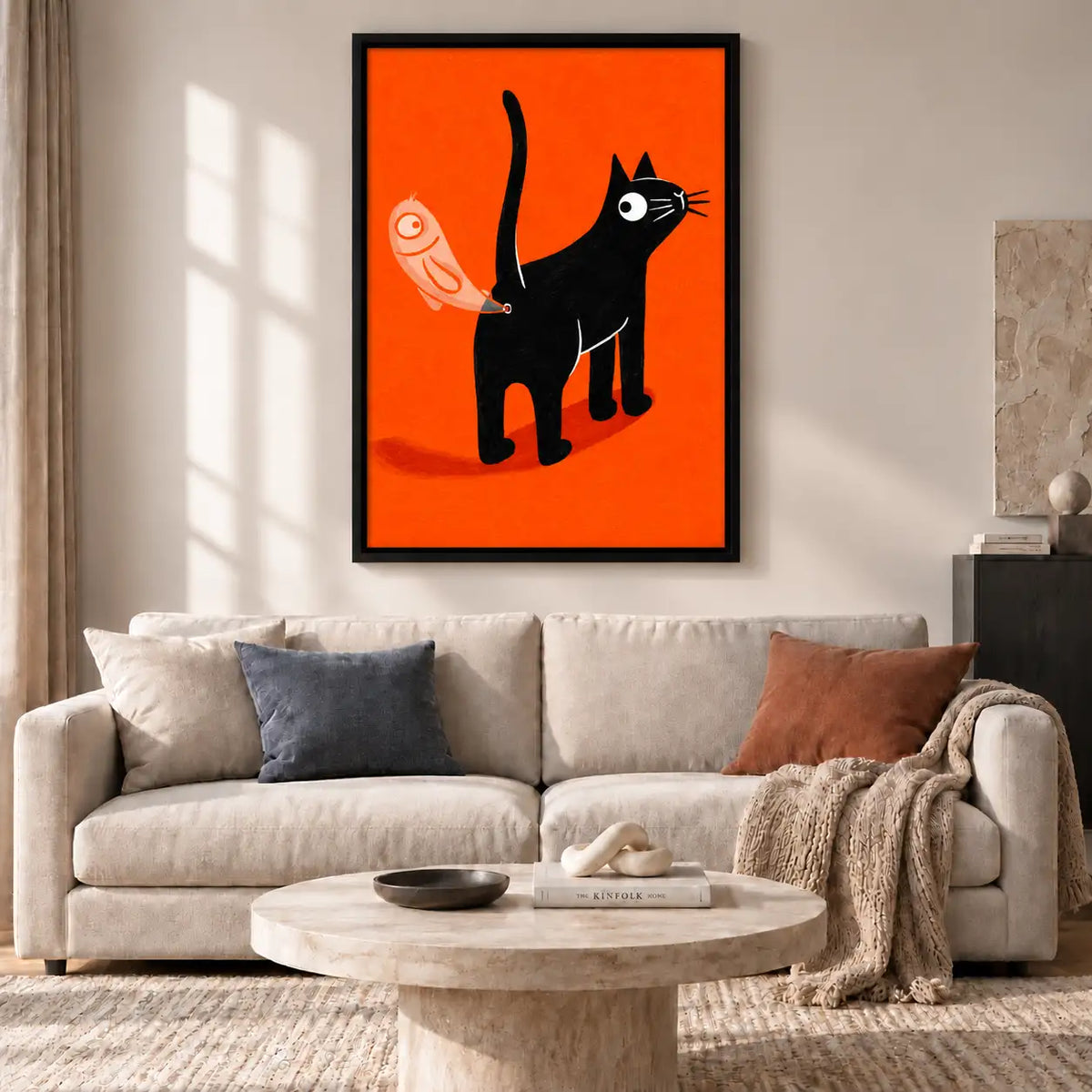 Mischievous Black Cat on Bright Orange Wall Art 2