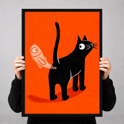 Mischievous Black Cat on Bright Orange Wall Art 3