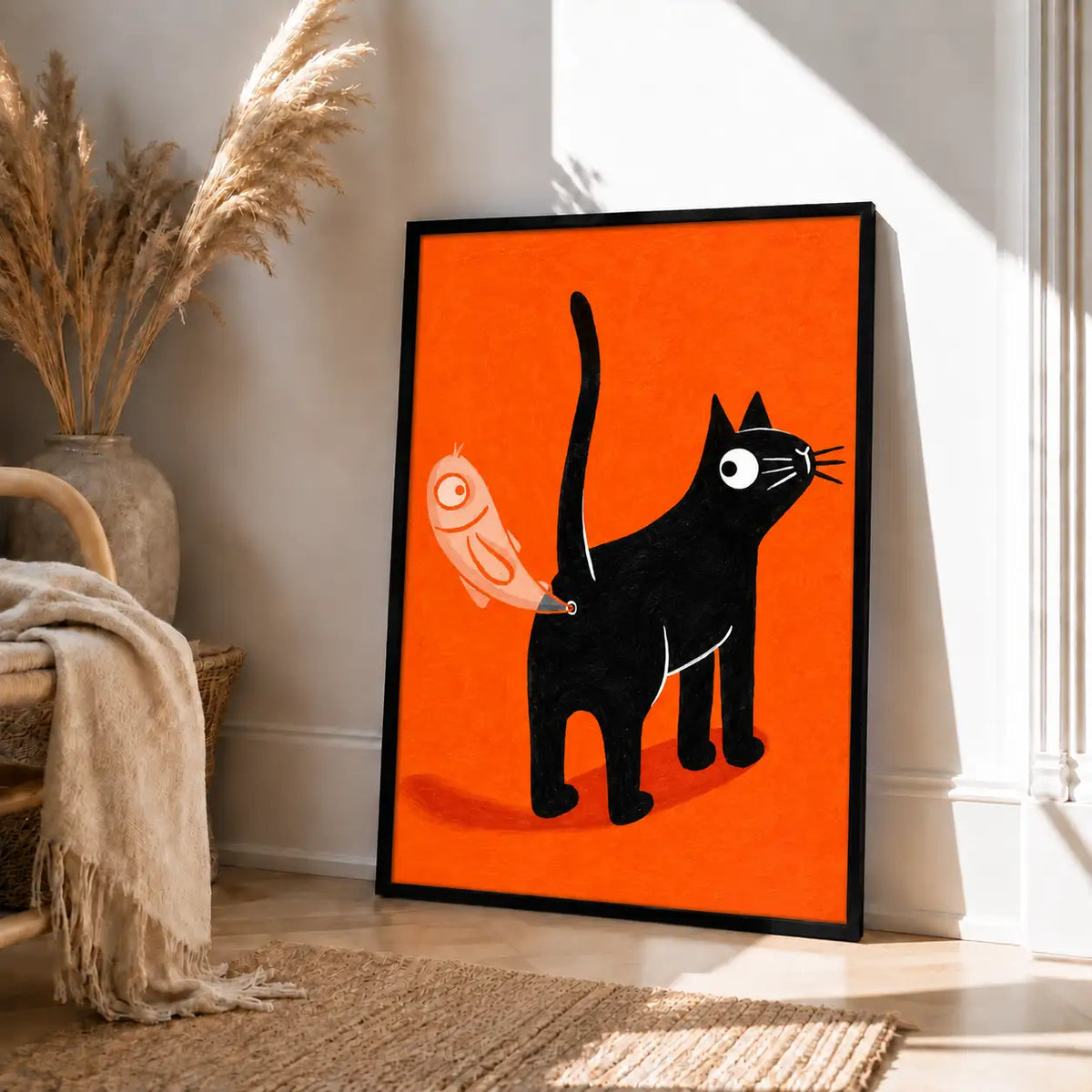 Mischievous Black Cat on Bright Orange Wall Art 4
