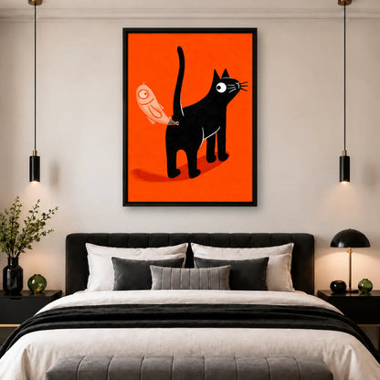Mischievous Black Cat on Bright Orange Wall Art 5