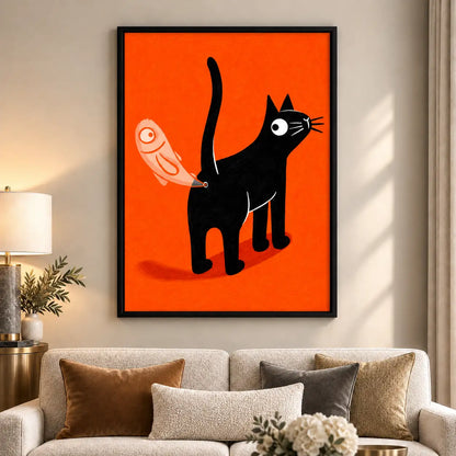 Mischievous Black Cat on Bright Orange Wall Art 6