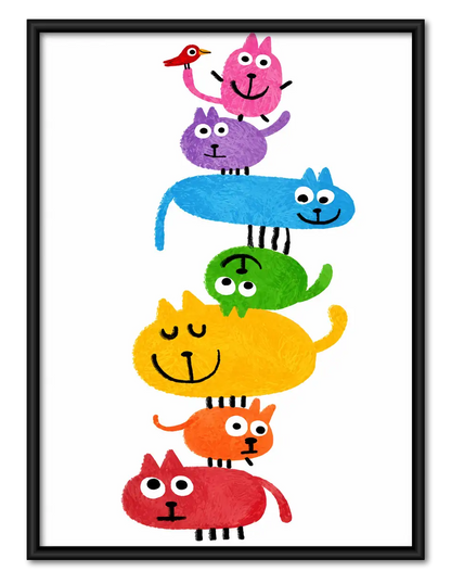 Rainbow Stack of Playful Cats Wall Art 1
