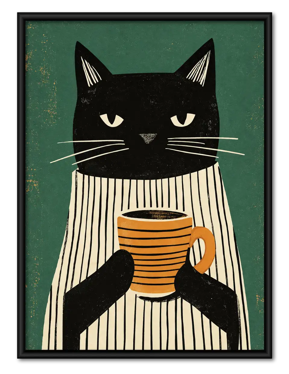 Sleepy Black Cat Holding Striped Coffee Mug Wall Art 1