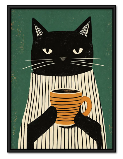 Sleepy Black Cat Holding Striped Coffee Mug Wall Art