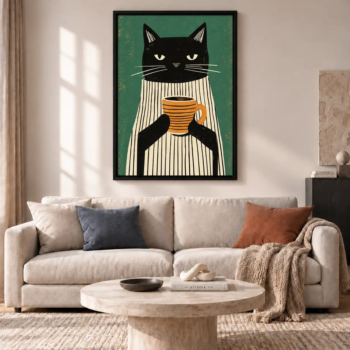 Sleepy Black Cat Holding Striped Coffee Mug Wall Art 2