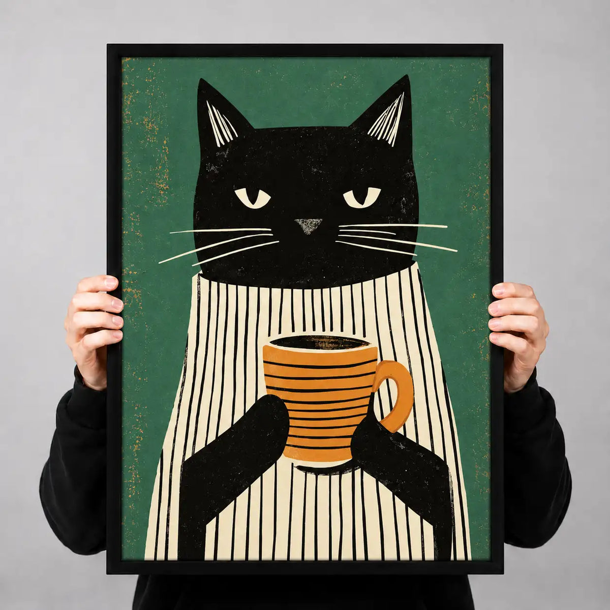 Sleepy Black Cat Holding Striped Coffee Mug Wall Art 3