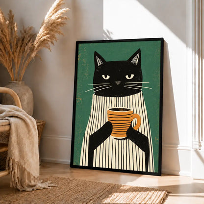 Sleepy Black Cat Holding Striped Coffee Mug Wall Art 4