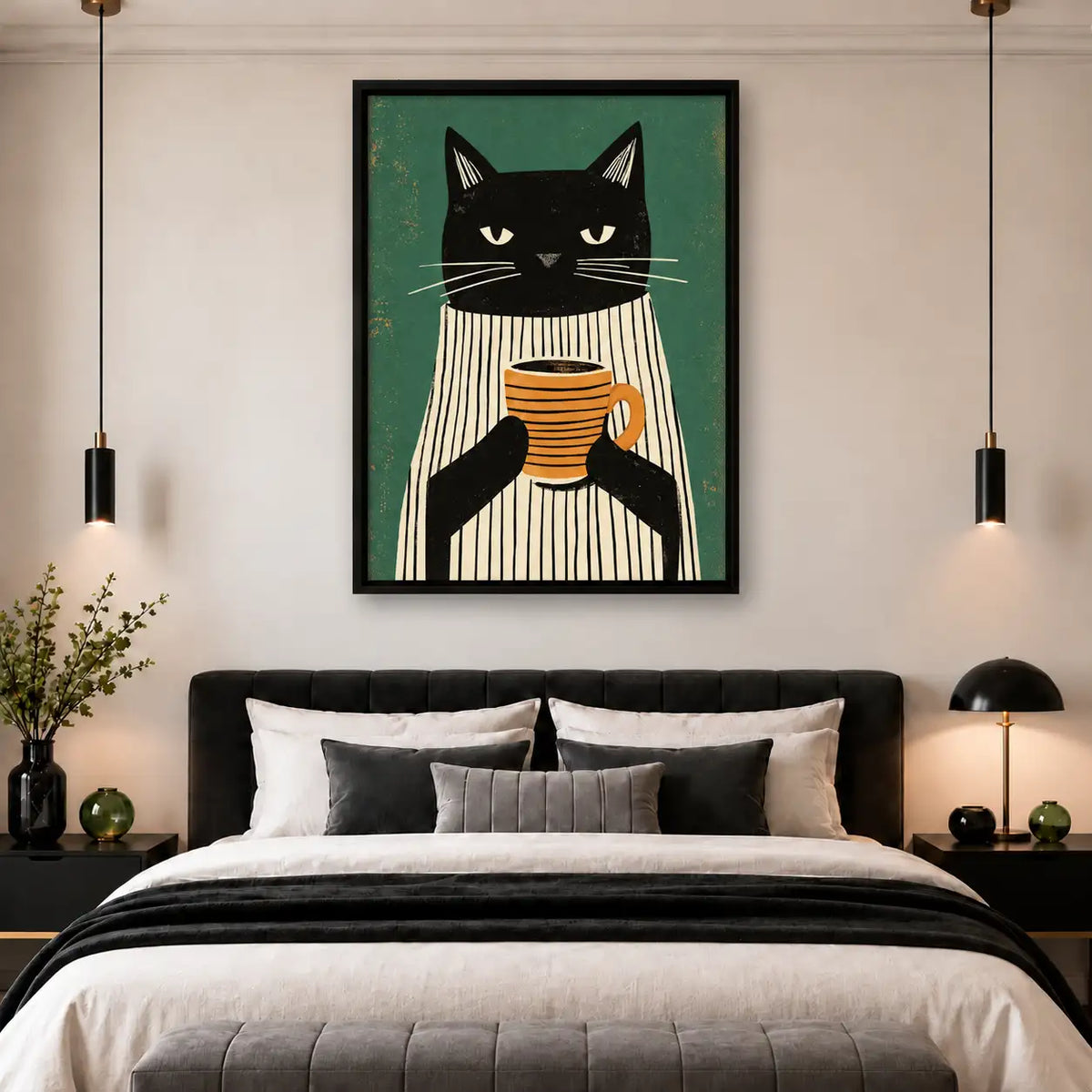 Sleepy Black Cat Holding Striped Coffee Mug Wall Art 5