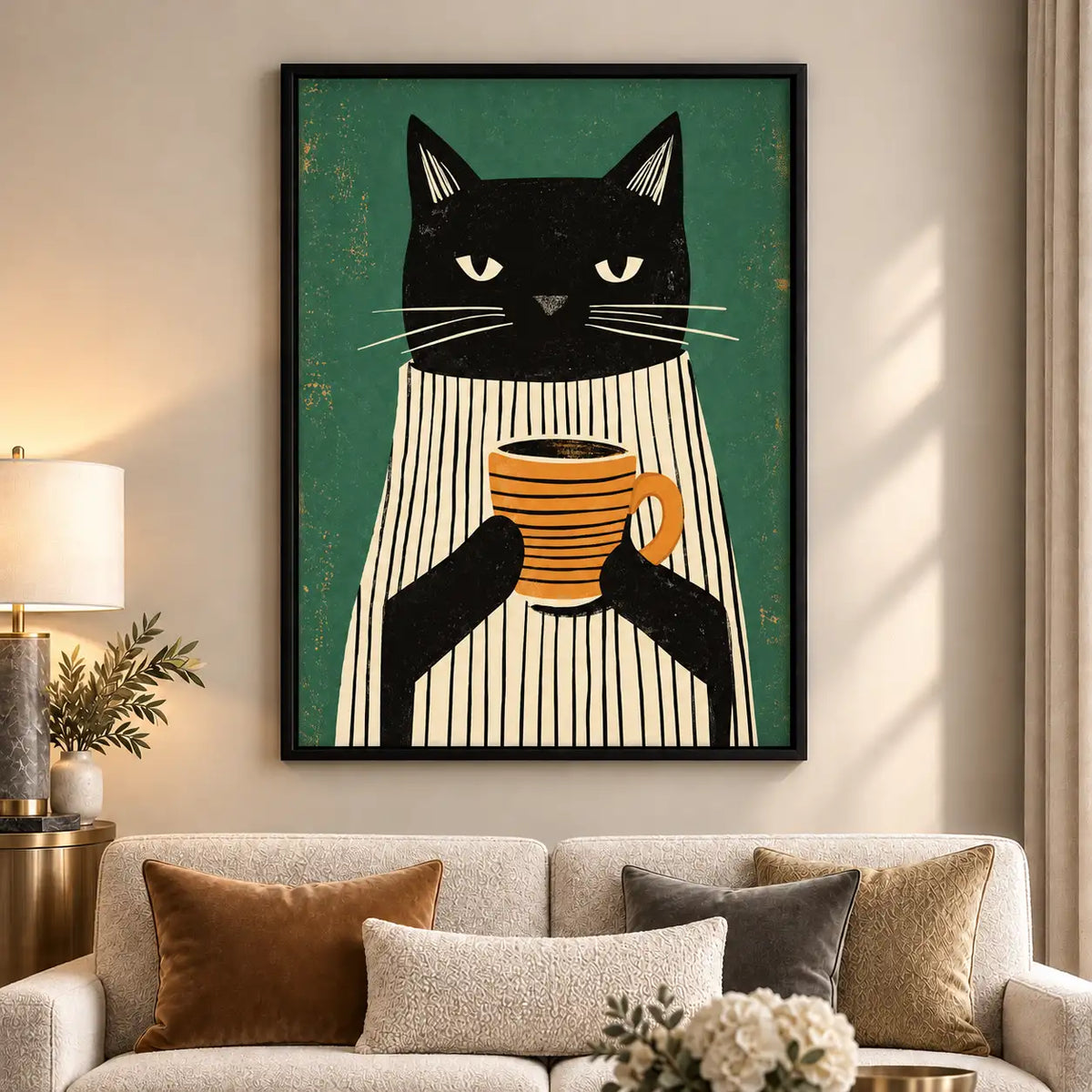 Sleepy Black Cat Holding Striped Coffee Mug Wall Art 6