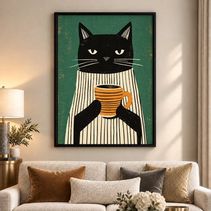 Sleepy Black Cat Holding Striped Coffee Mug Wall Art 6