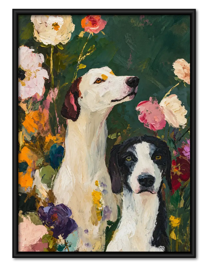 Two Dogs Among Garden Flowers Portrait Wall Art 1