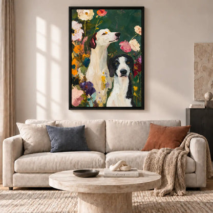 Two Dogs Among Garden Flowers Portrait Wall Art 2