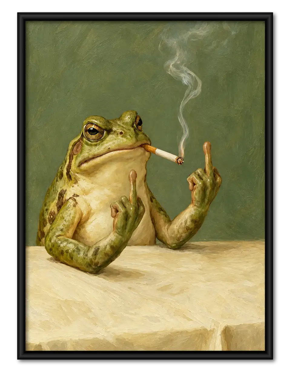 Unbothered Frog Smoking at the Table Wall Art 1