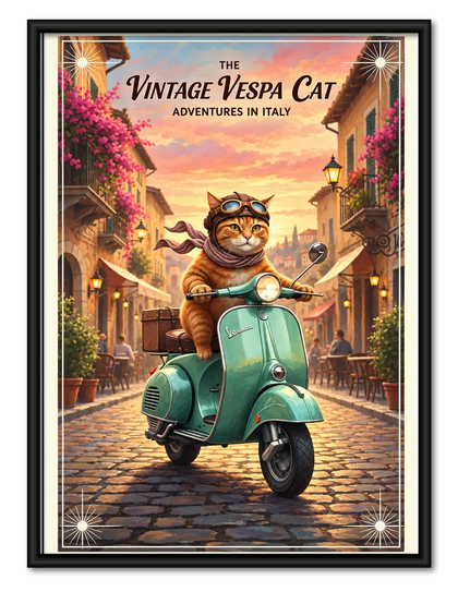 Vintage Vespa Cat Adventures in Italy Wall Art