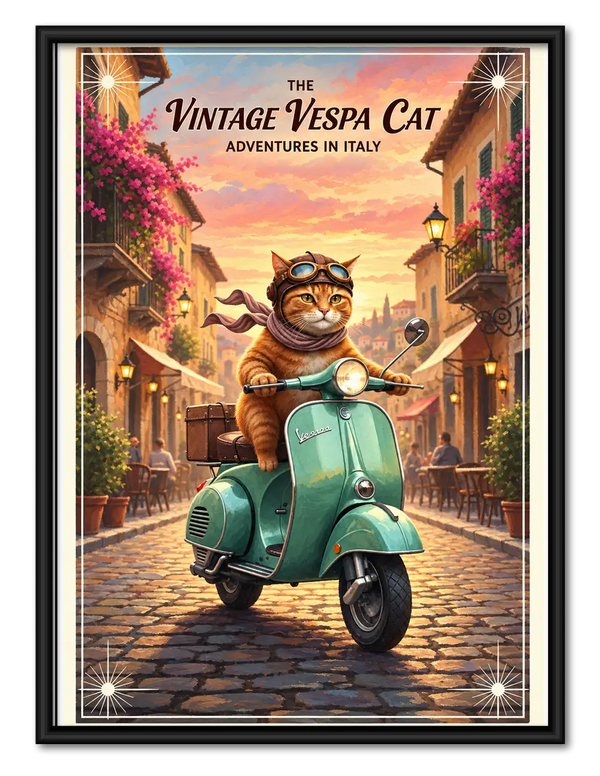 Vintage Vespa Cat Adventures in Italy Wall Art