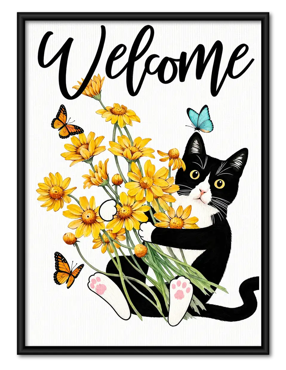 Welcome Cat Holding Yellow Daisies Wall Art 1