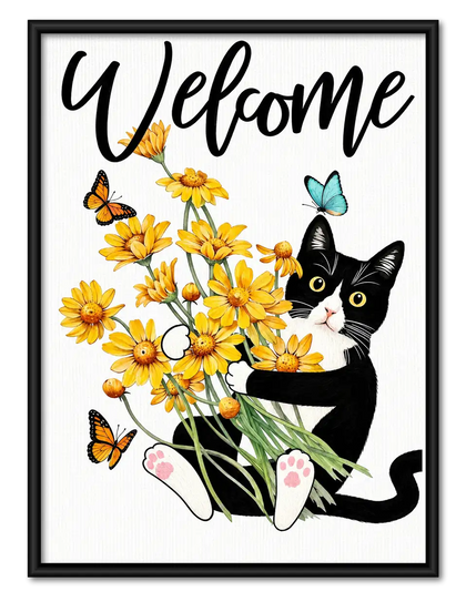 Welcome Cat Holding Yellow Daisies Wall Art