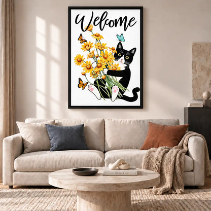 Welcome Cat Holding Yellow Daisies Wall Art 2