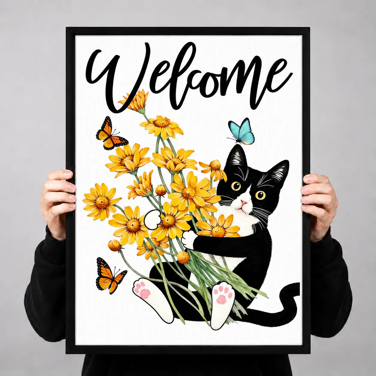 Welcome Cat Holding Yellow Daisies Wall Art 3